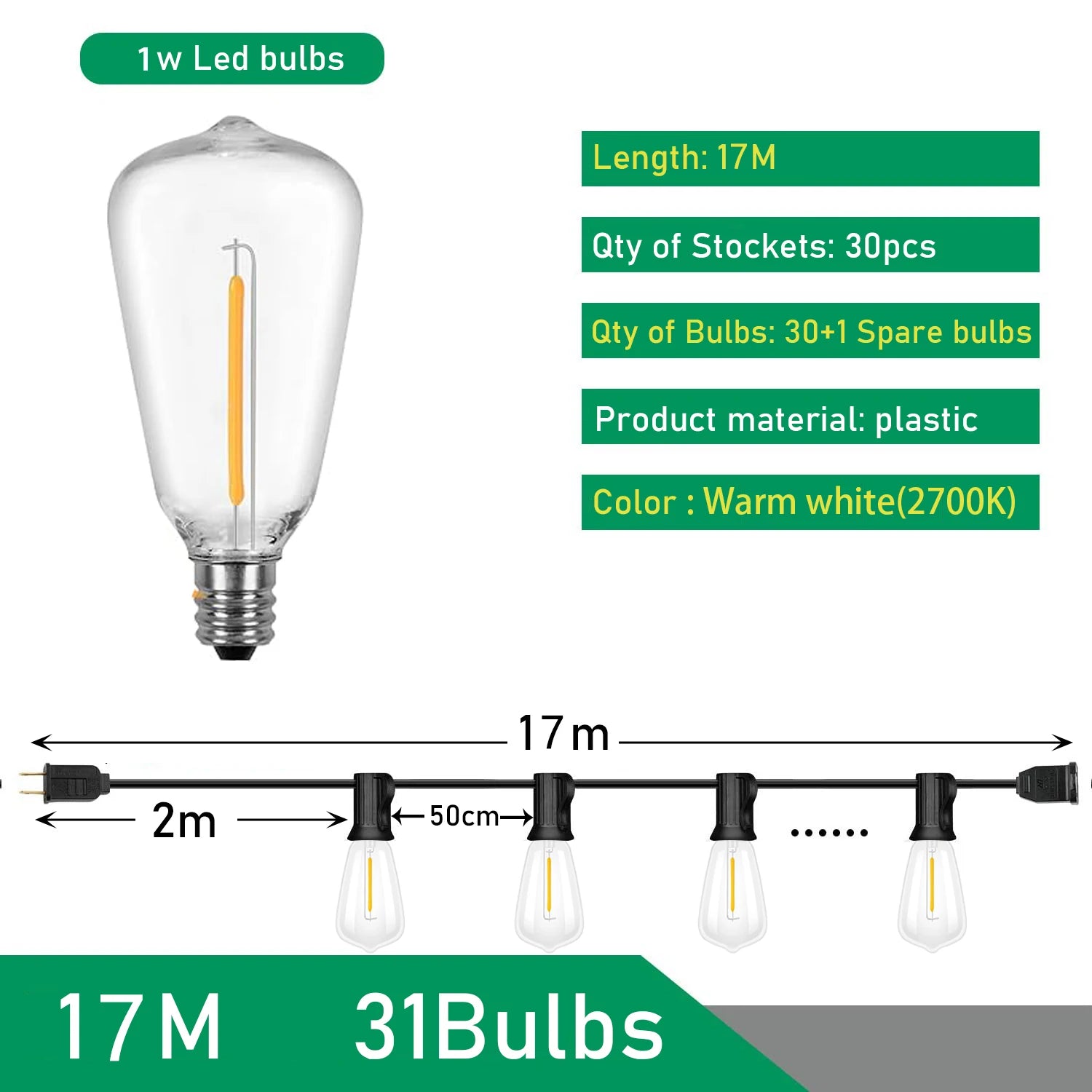 Festoon ST38 LED Globe String Fairy Lights Outdoor Dimmable For Christmas Party Garden Decor Garland Lamp Street Patio Backyard