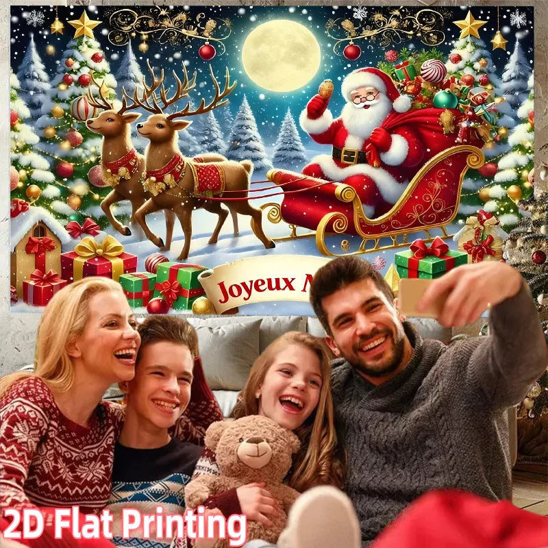 Bannière Noël française 1 pièce 'Joyeux Noël' décor festif dans le salon, famille joyeuse avec Père Noël et traîneau.