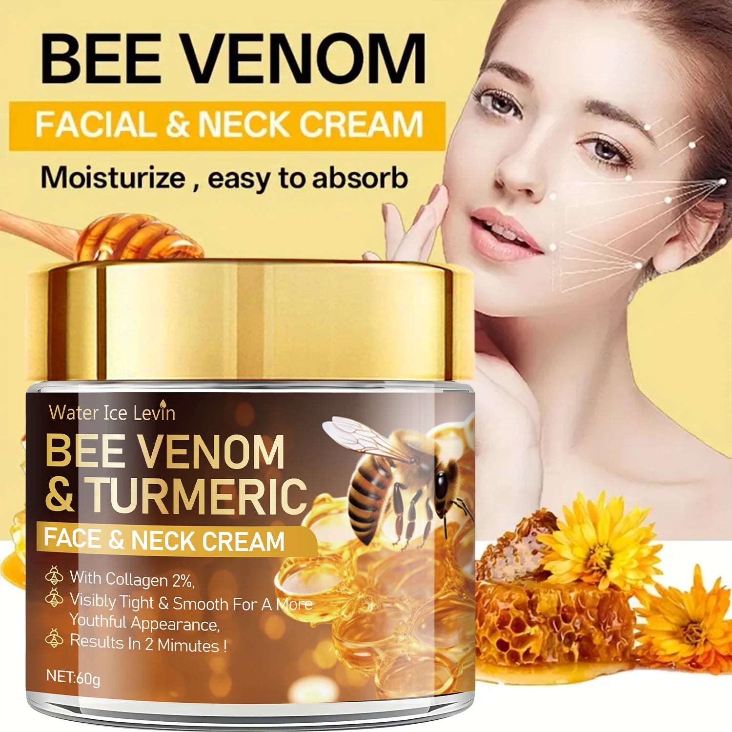 Bee Venom Instant Facial Lifting Cream Firms and Lifts Loose Skin, Smoothes Skin |   Alcohol-Free, Containing Hyaluronic Acid, Suitable for All Skin Types