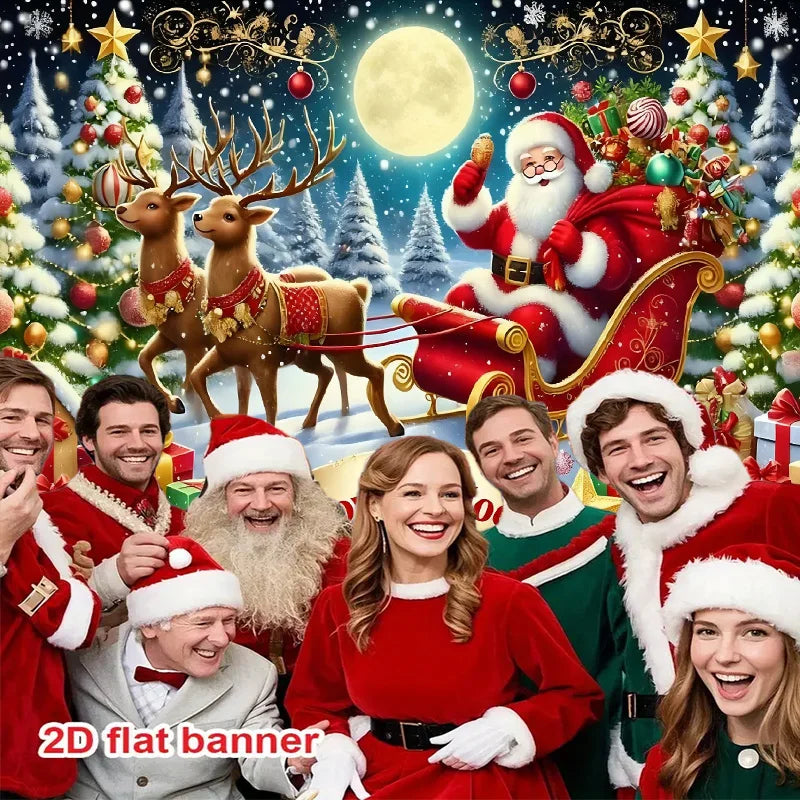 Bannière de Noël française 1 pièce avec Joyeux Noël, scène festive: Père Noël en traîneau, rennes et foule réjouie.