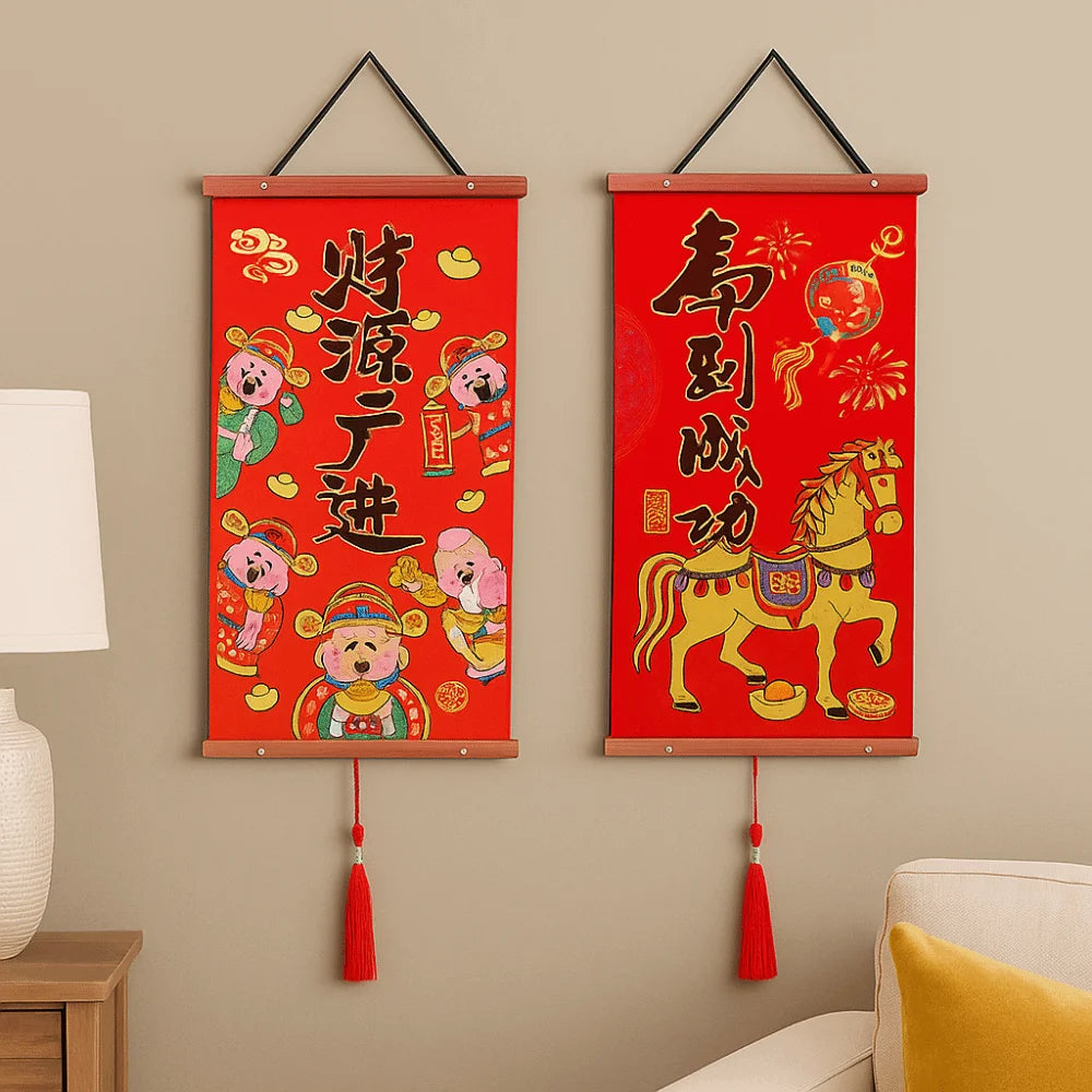 Velvet Chinese New Year Decoration Cartoon Traditional New Year Door Couplet with Tassel Blessing Words Spring Couplet Pendant