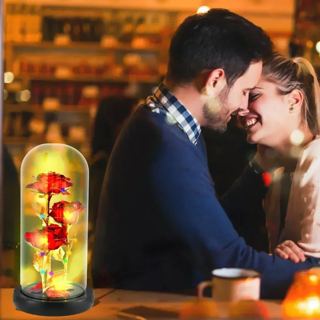 Rose enchantée en verre avec lumières LED, fleur artificielle, cadeau de Noël, la belle et la bête, Saint Valentin