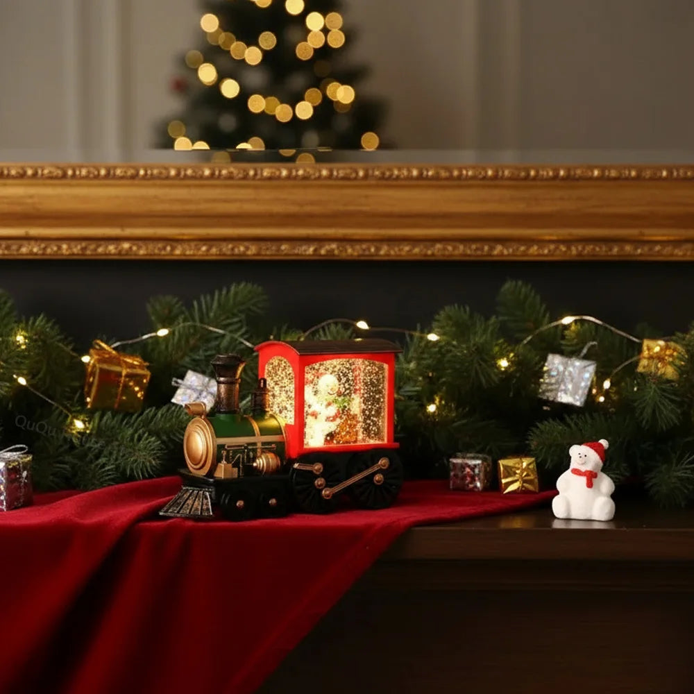 Christmas Train Crystal Ball Ornament, Lighting Santa Claus Snowman Decoration, 2025 New Year Desktop Xmas Tree Gift Retro Style