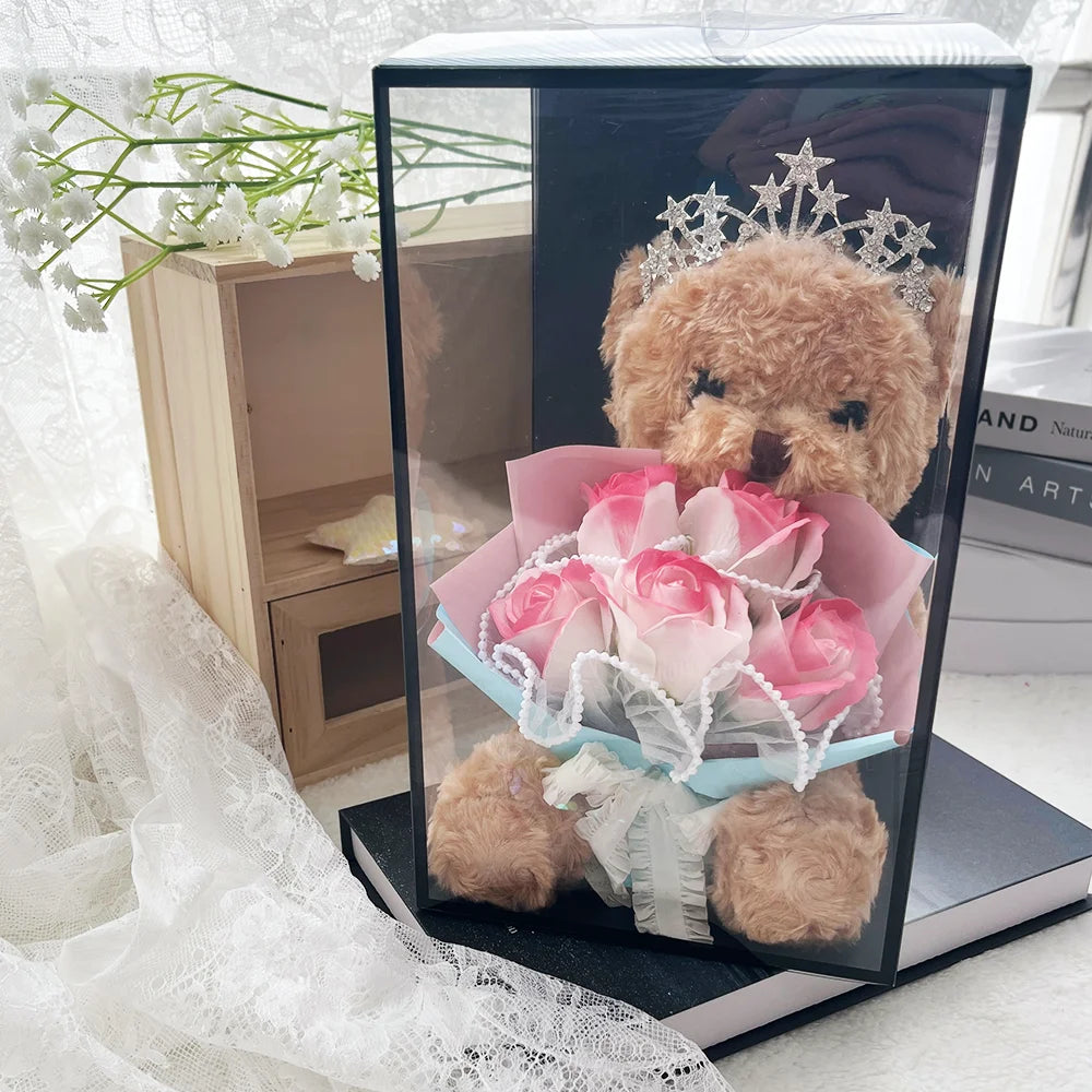 1pc Rose Flower Bouquet Bear Gifts Box Creative Artificial Soap Flowers Bouquet Wedding Birthday Christmas Gifts for Women Girls