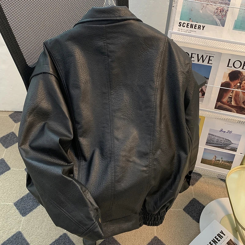 American High Street Motorcycle Jaet Men's Spring Autumn Trendy Brand Haome Loose Versatile PU Leather Workwear Coat