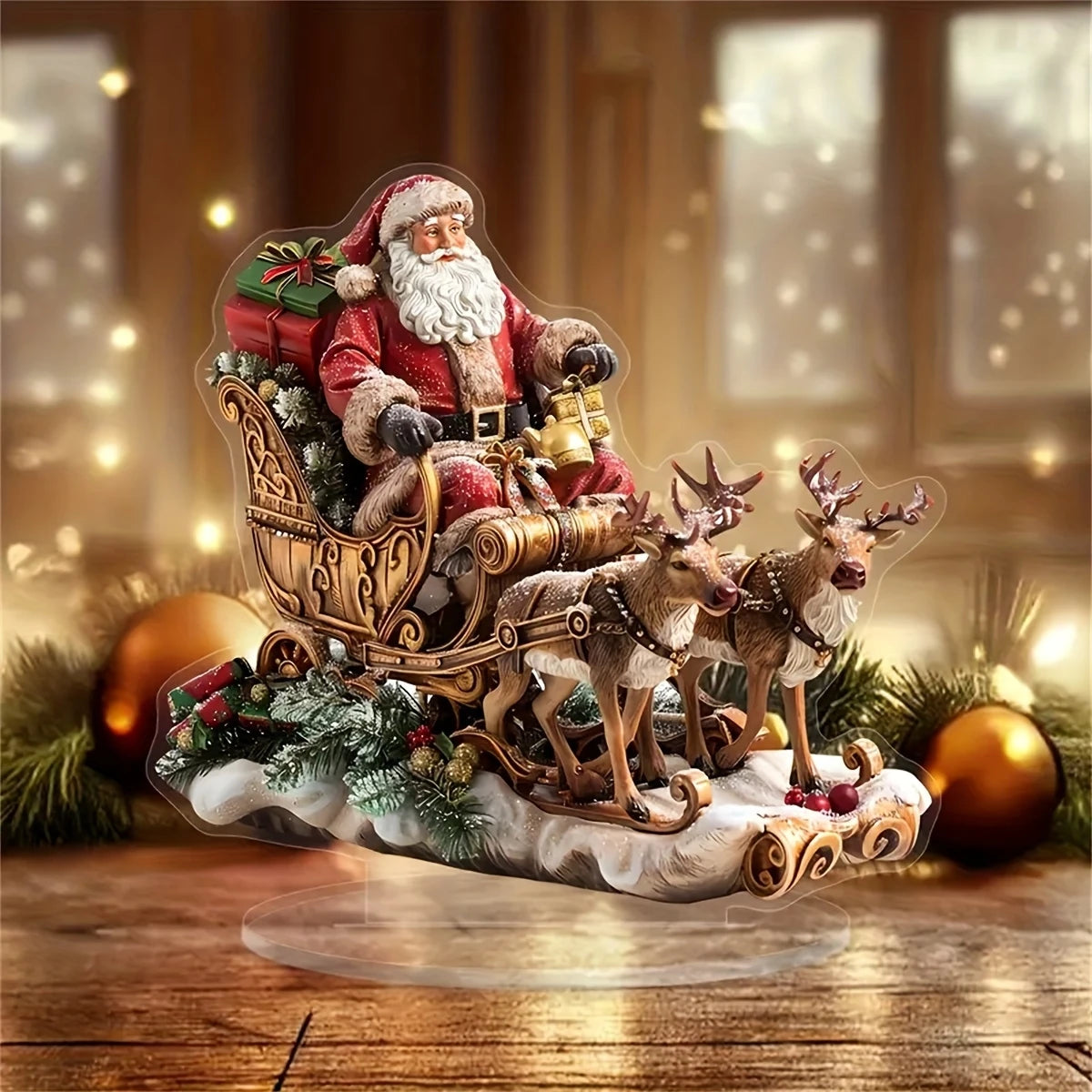 10in 2D Acrylic Display Stand Elk Sled with Santa Claus Christmas Decorations Multi-Functional Home Desk Decoration Photo Prop