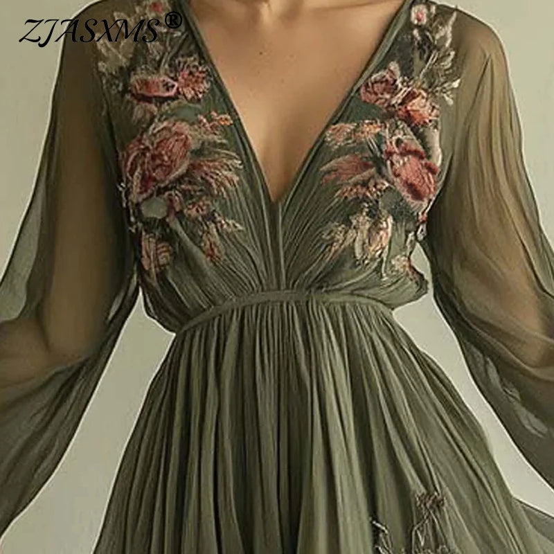 Women's Clothing Trend 2025 Spring Long Sleeve High Waist Evening Dresses Sexy V Neck Floral Printed Boho Holiday Dress Vestidos