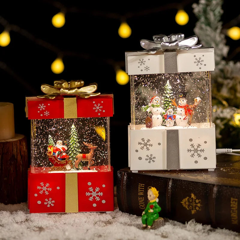 Christmas Music Gift Box Home Decoration Popcorn Scene Village Rotating Santa Statue Christmas Desktop Decor Xmas Kid Child Gift