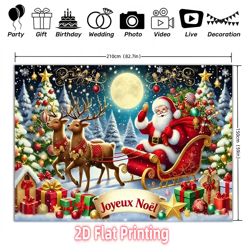 Bandeau de Noël 1 pièce décoratif 2D avec texte 'Joyeux Noël', traîneau du Père Noël et cadeaux.
