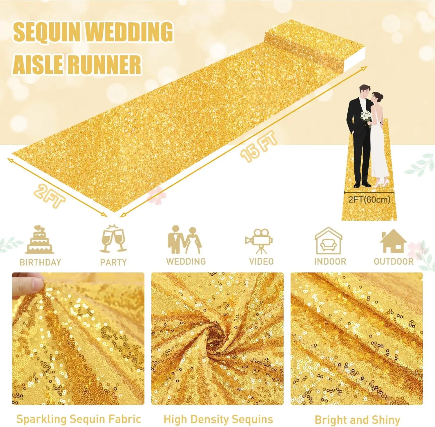 Gold Aisle Runners Carpet Runner for Party Glitter Runner Reusable Decor for Wedding Ceremony,Receptions,Events Christmas Decor