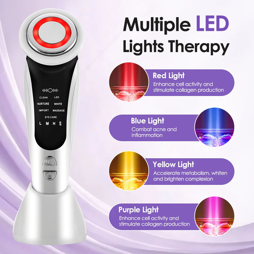 7 in 1 EMS Facial Massager Face Beauty Instrument with Induced Vibration and Hot Compress Face Skin Care Tool LED Light Therapy