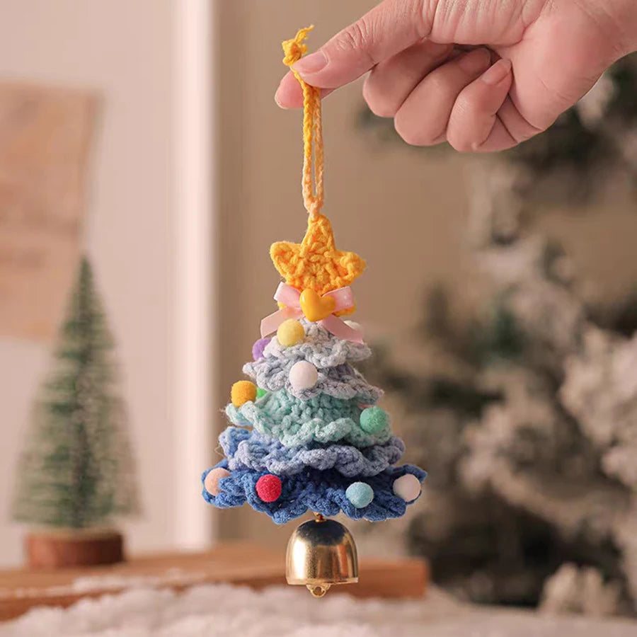 Knitted Christmas Tree with Jingle Bell Plush Christmas Hanging Pendant Wool Crochet Christmas Tree for Christmas Party Decor