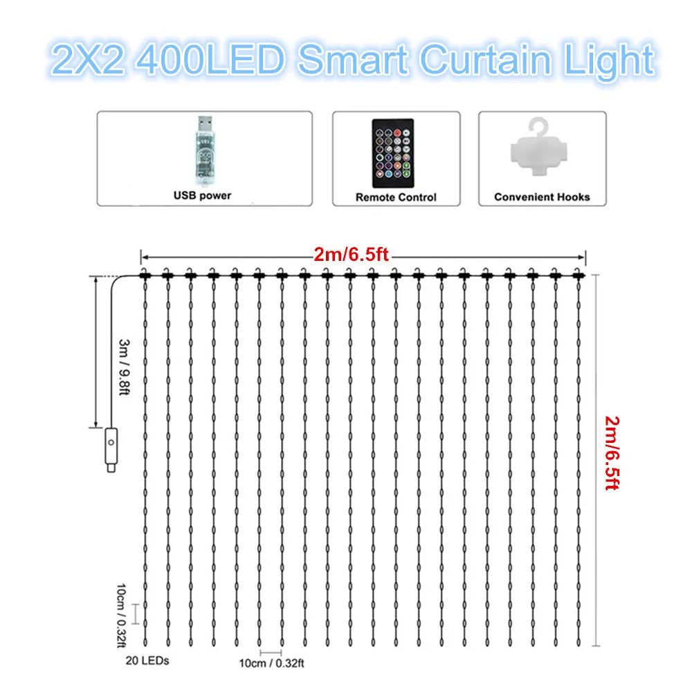 Smart Curtain Lights 400 LED Curtain Light with APP & Remote,DIY String Fairy Light for Valentine's Day, Motel, Bedroom