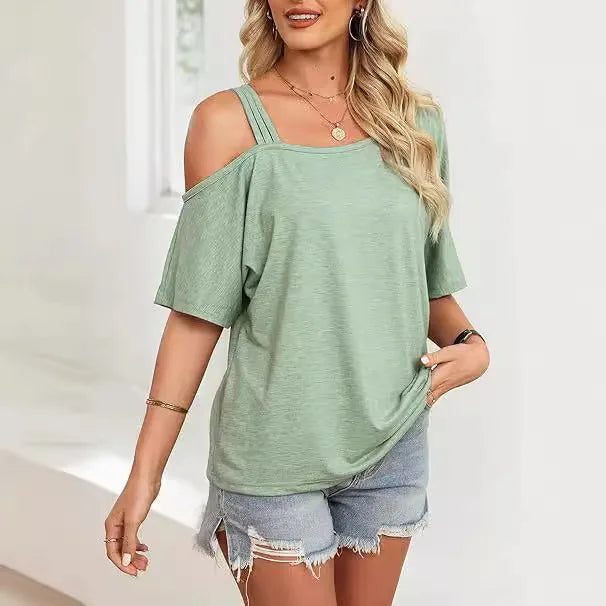 2025 Women's T-shirt Trendy Summer Solid Color New Casual Slant Neck Off-shoulder Wear Loose Short-sleeved Femme Streetwear Tee