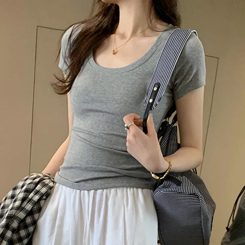 Femme 2025 Summer Casual Cotton T Shirt For Women Short Sleeve Tshirts Fashion Womens Clothing Slim Basic O Neck Y2K Tee Shirt