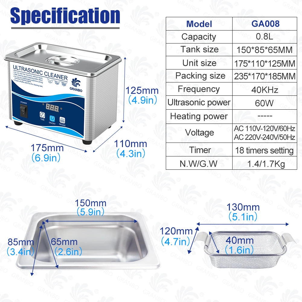 800ml Household Digital Ultrasonic Cleaner 60W Stainless Steel Bath 110V 220V Degas Ultrasound Washing for Watches Jewelry
