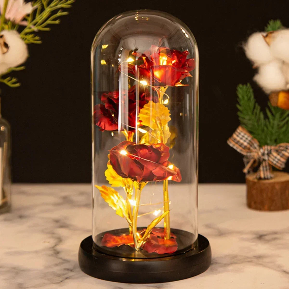 Rose enchantée en verre avec lumières LED, fleur artificielle, cadeau de Noël, la belle et la bête, Saint Valentin