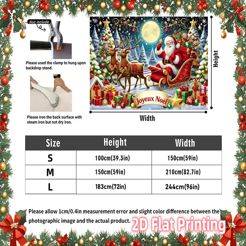 Bannière de Noël française affichant Joyeux Noël avec le Père Noël et des rennes sur fond hivernal.