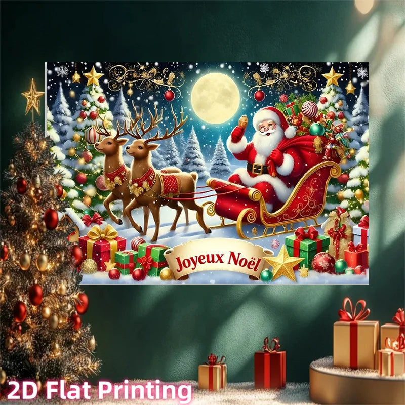 Bannière de Noël française 1 pièce affichant Joyeux Noël, Père Noël sur traîneau avec rennes et cadeaux