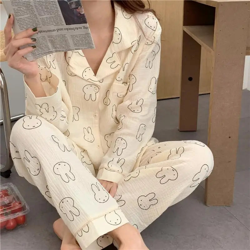 Kawaii MIffy Cotton Gauze Pajamas Long Sleeve Trousers Cardigan Home Suit Two Sets Christmas Gift