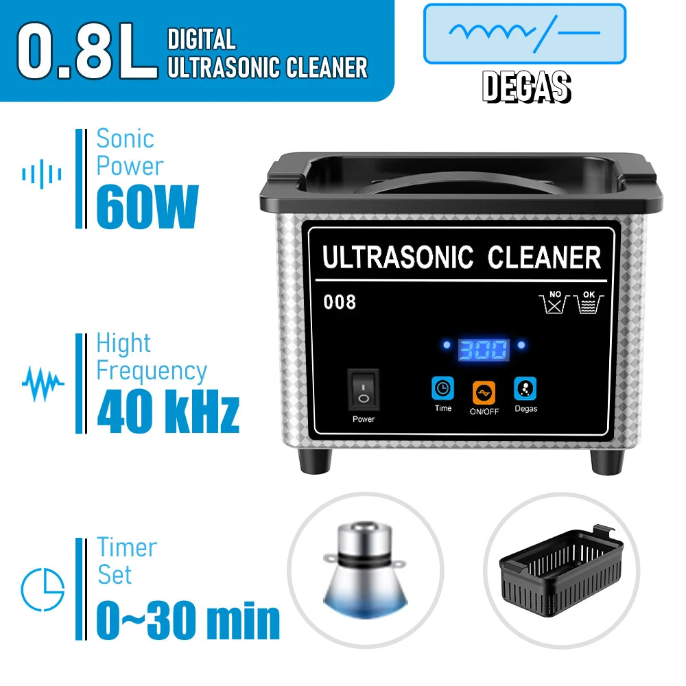 800ml Household Digital Ultrasonic Cleaner 30W/60W Stainless Steel Bath Degas Ultrasound Washing for Watches Jewelry