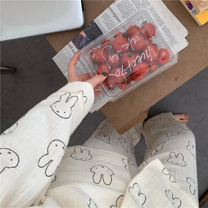 Kawaii MIffy Cotton Gauze Pajamas Long Sleeve Trousers Cardigan Home Suit Two Sets Christmas Gift