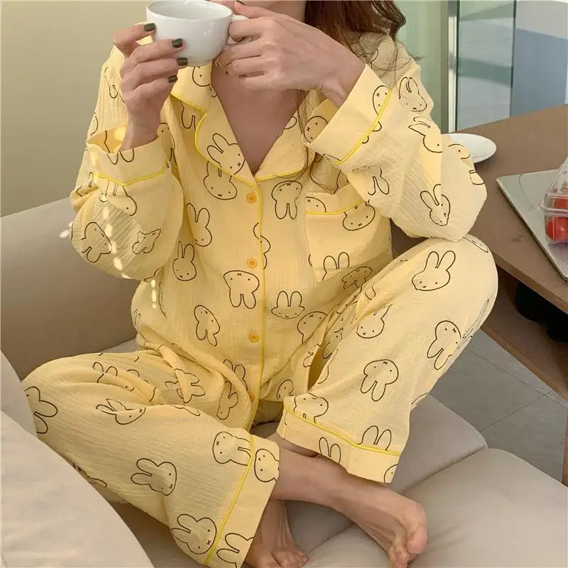 Kawaii MIffy Cotton Gauze Pajamas Long Sleeve Trousers Cardigan Home Suit Two Sets Christmas Gift