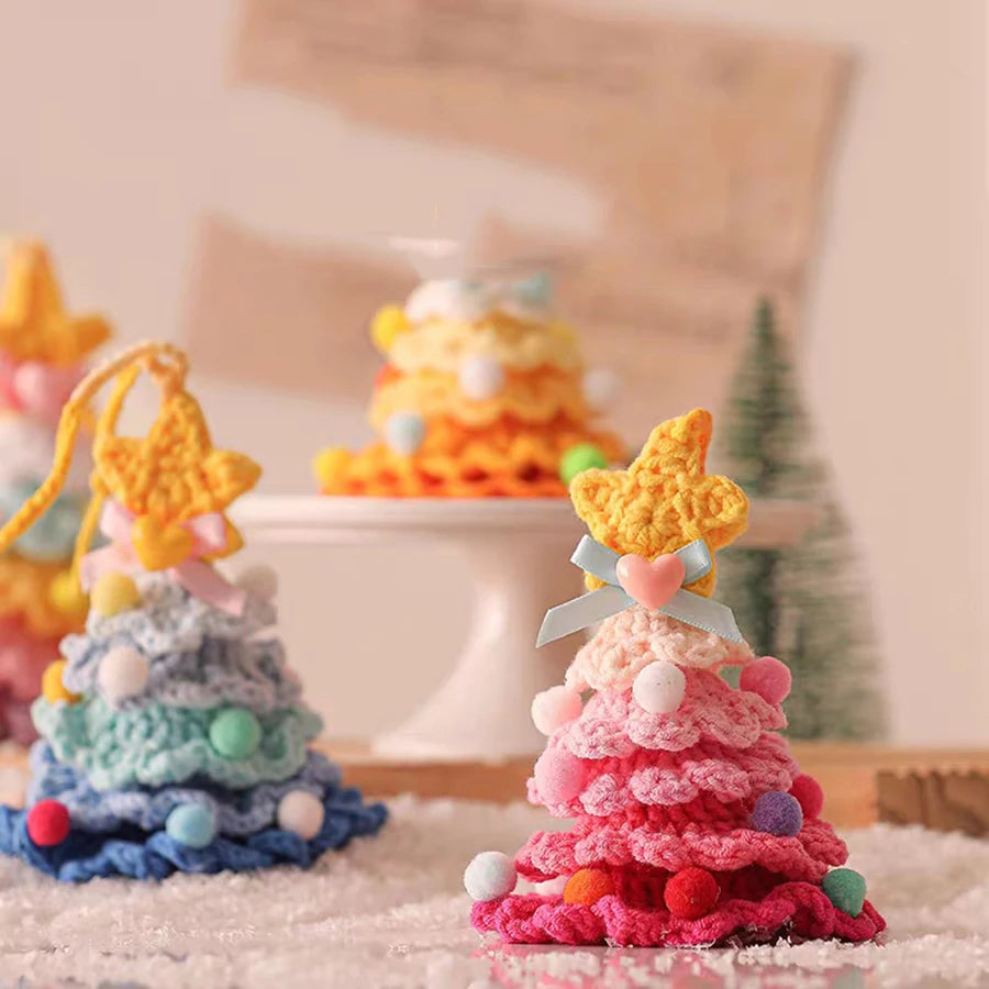 Knitted Christmas Tree with Jingle Bell Plush Christmas Hanging Pendant Wool Crochet Christmas Tree for Christmas Party Decor