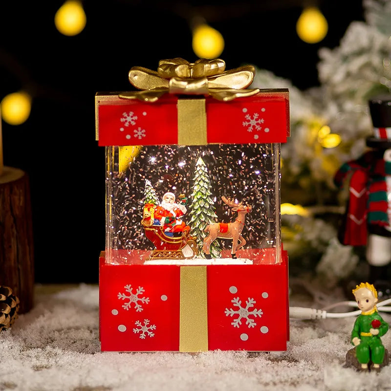 Christmas Music Gift Box Home Decoration Popcorn Scene Village Rotating Santa Statue Christmas Desktop Decor Xmas Kid Child Gift