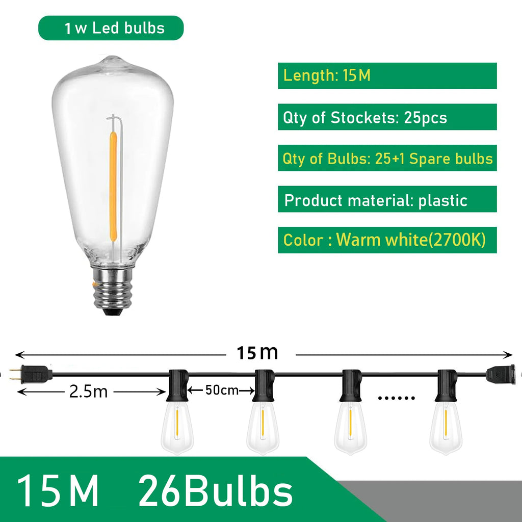 Festoon ST38 LED Globe String Fairy Lights Outdoor Dimmable For Christmas Party Garden Decor Garland Lamp Street Patio Backyard