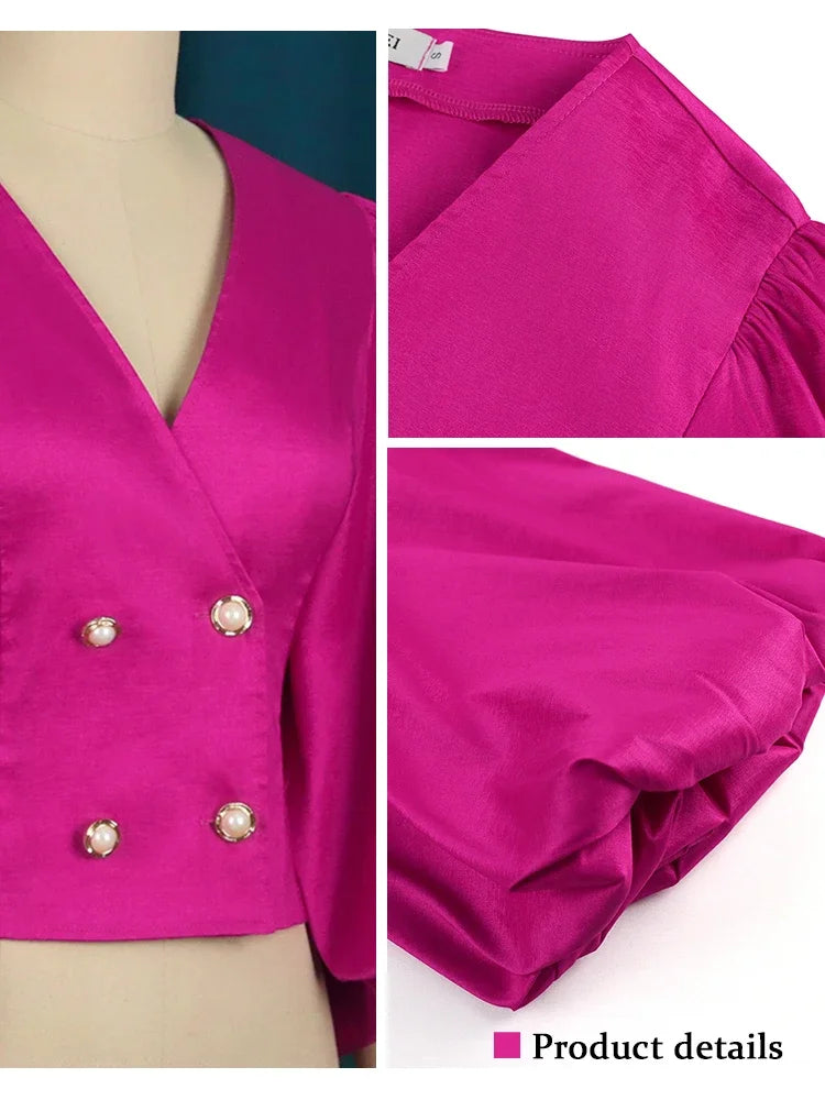 Women Tops Blouse Long Lantern Sleeves Double Buttons V Neck Shiny Glitter Party Classy Ladies Autumn Christmas 2023 New Female