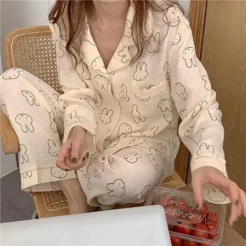Kawaii MIffy Cotton Gauze Pajamas Long Sleeve Trousers Cardigan Home Suit Two Sets Christmas Gift