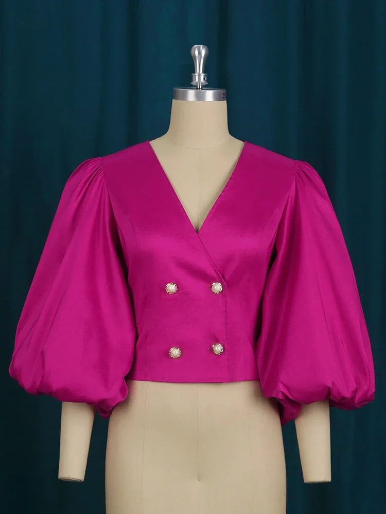 Women Tops Blouse Long Lantern Sleeves Double Buttons V Neck Shiny Glitter Party Classy Ladies Autumn Christmas 2023 New Female