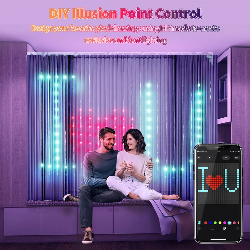 Smart RGB LED Curtain Lights RGB LED String Light AppControl USB DIY Text Animation Display Music Sync for Christmas Party Decor