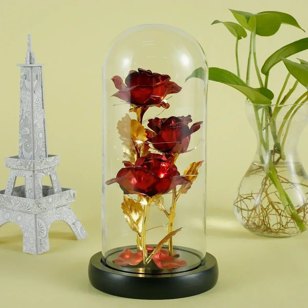Rose enchantée en verre avec lumières LED, fleur artificielle, cadeau de Noël, la belle et la bête, Saint Valentin