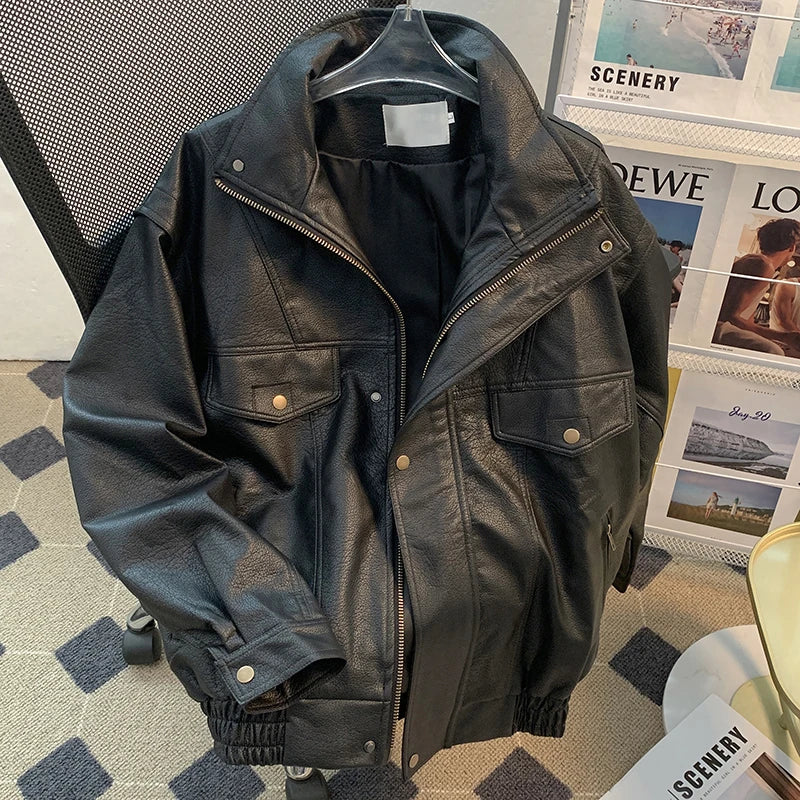 American High Street Motorcycle Jaet Men's Spring Autumn Trendy Brand Haome Loose Versatile PU Leather Workwear Coat