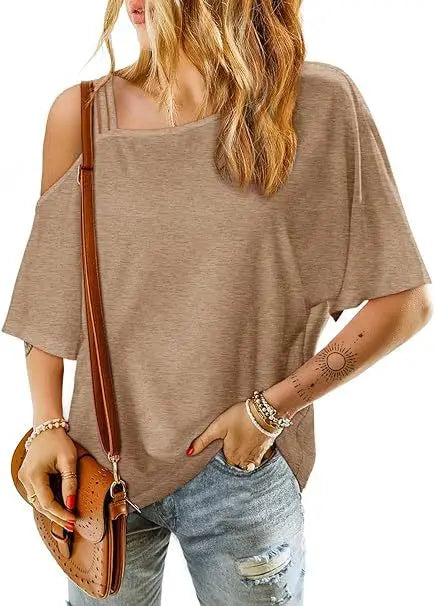 2025 Women's T-shirt Trendy Summer Solid Color New Casual Slant Neck Off-shoulder Wear Loose Short-sleeved Femme Streetwear Tee