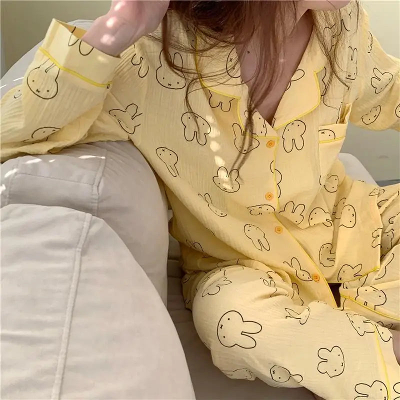 Kawaii MIffy Cotton Gauze Pajamas Long Sleeve Trousers Cardigan Home Suit Two Sets Christmas Gift
