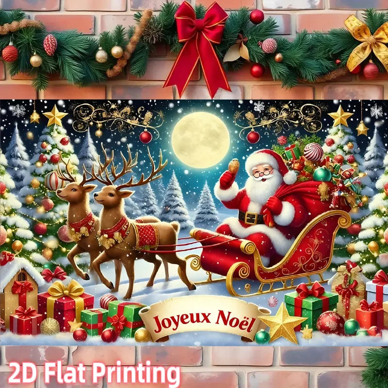 Bannière de Noël française affichant Joyeux Noël avec Père Noël en traîneau et rennes.