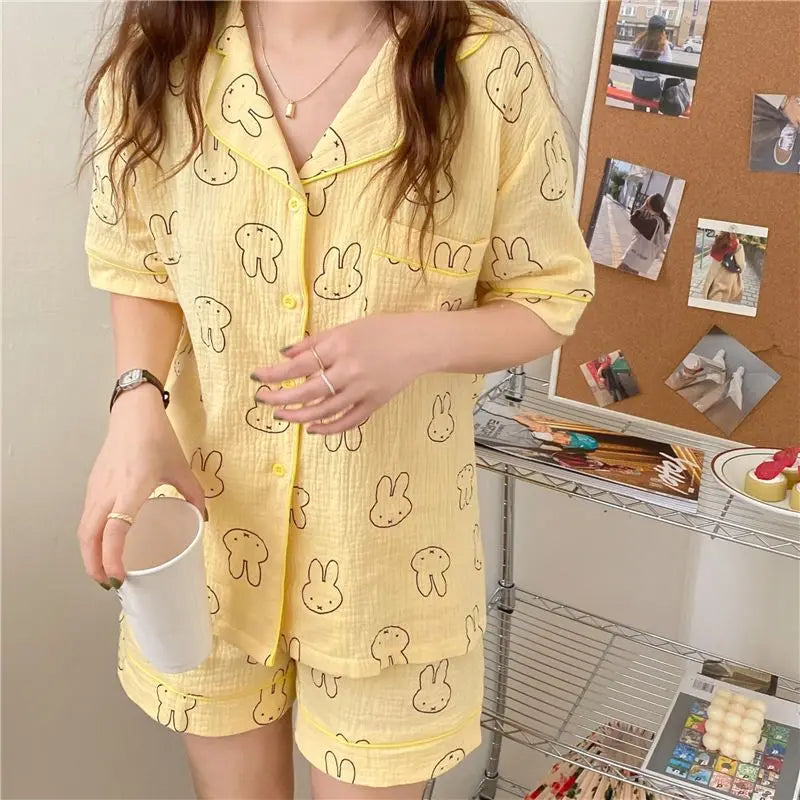 Kawaii MIffy Cotton Gauze Pajamas Long Sleeve Trousers Cardigan Home Suit Two Sets Christmas Gift
