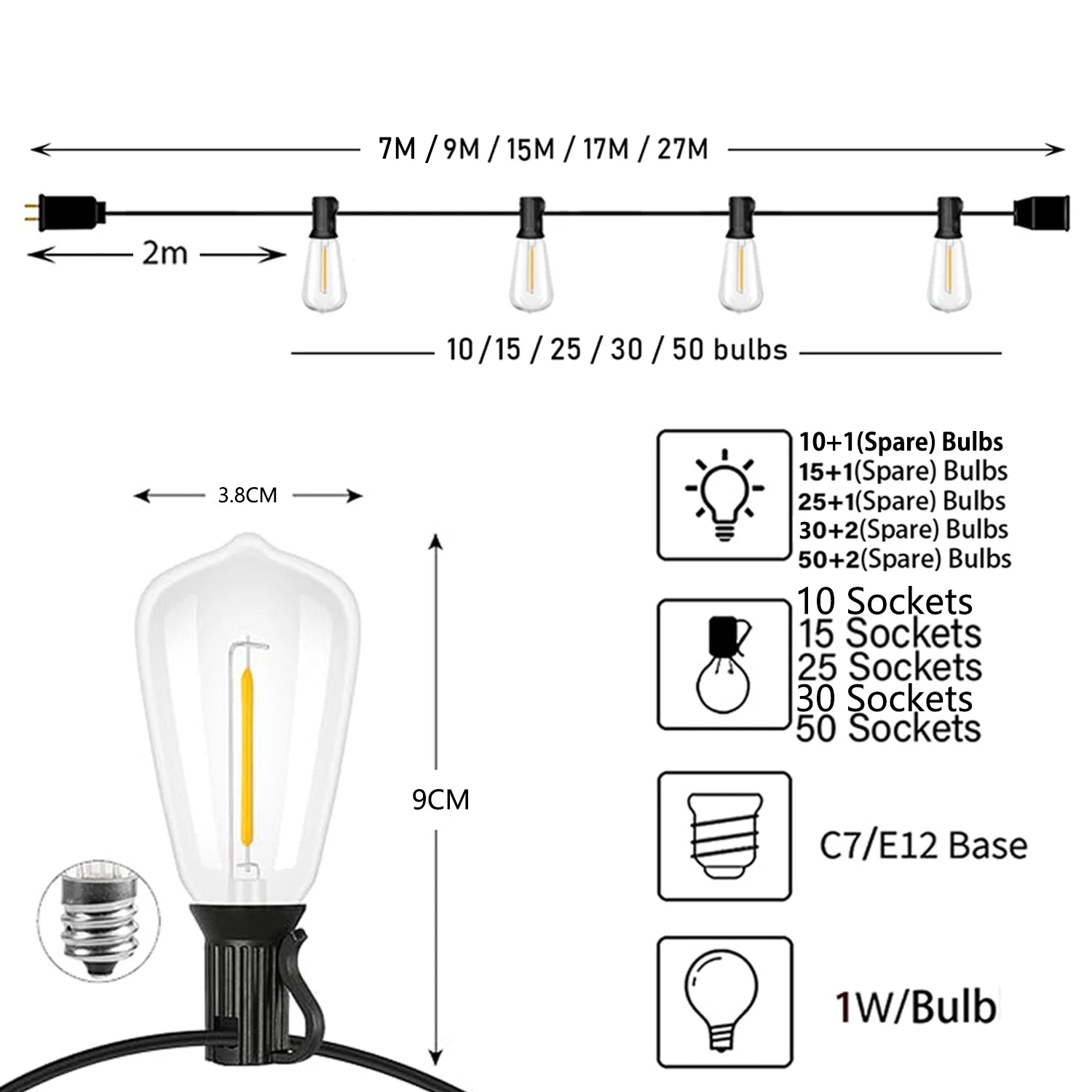 Festoon ST38 LED Globe String Fairy Lights Outdoor Dimmable For Christmas Party Garden Decor Garland Lamp Street Patio Backyard