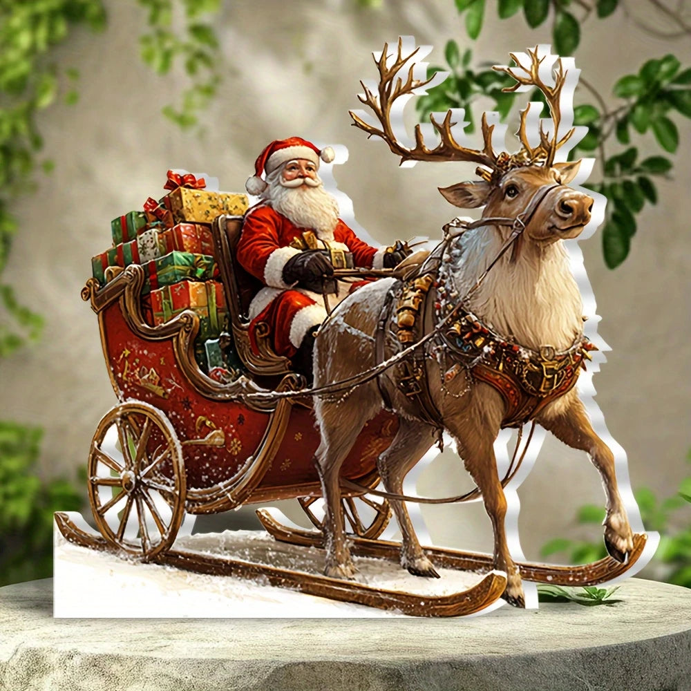 10in 2D Acrylic Display Stand Elk Sled with Santa Claus Christmas Decorations Multi-Functional Home Desk Decoration Photo Prop