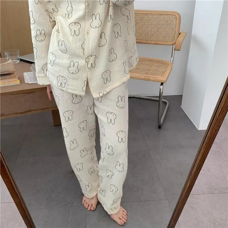Kawaii MIffy Cotton Gauze Pajamas Long Sleeve Trousers Cardigan Home Suit Two Sets Christmas Gift