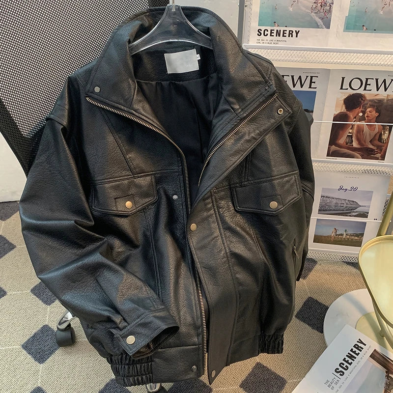 American High Street Motorcycle Jaet Men's Spring Autumn Trendy Brand Haome Loose Versatile PU Leather Workwear Coat