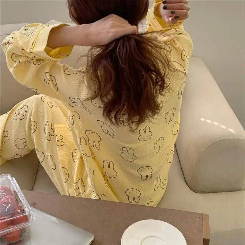 Kawaii MIffy Cotton Gauze Pajamas Long Sleeve Trousers Cardigan Home Suit Two Sets Christmas Gift