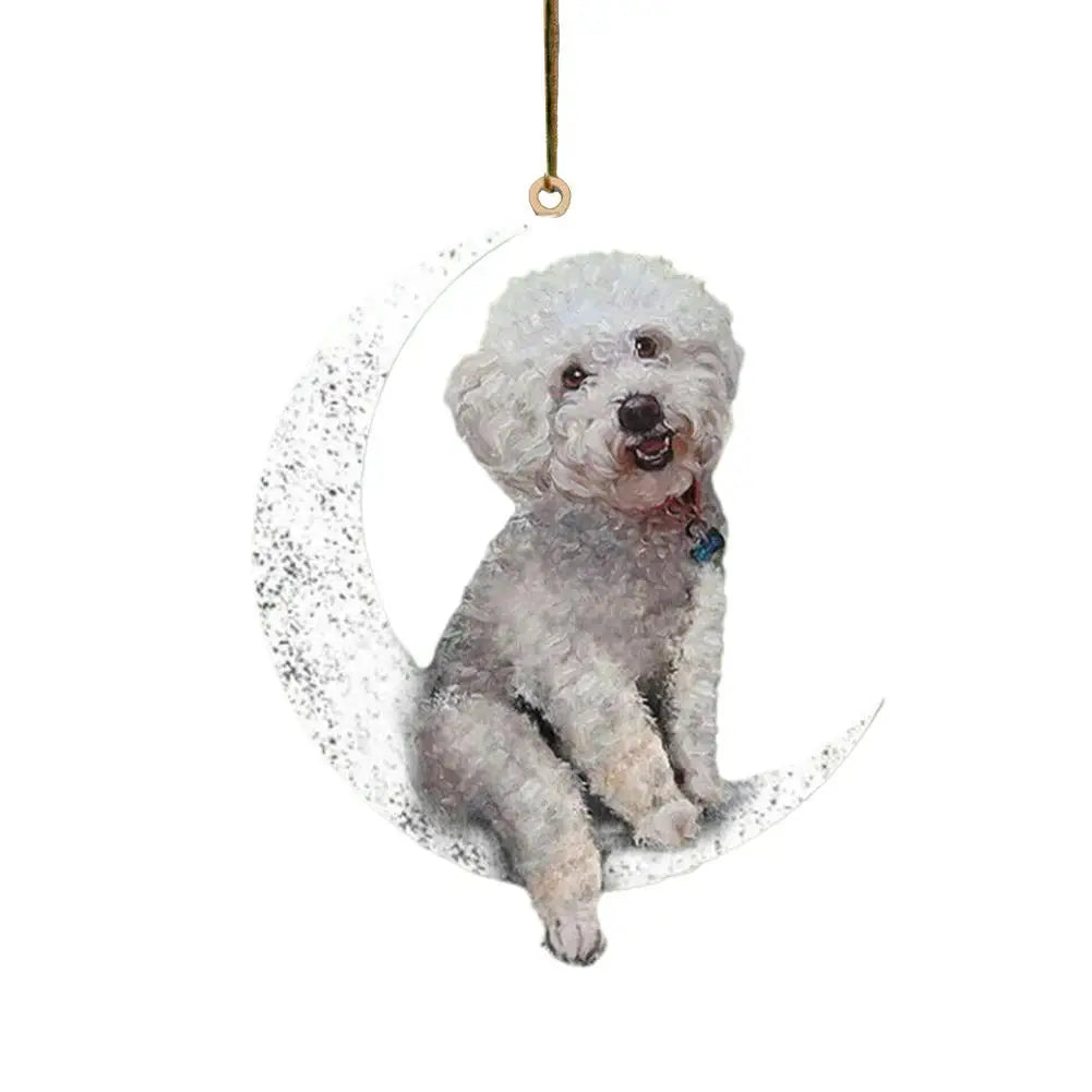 Car Rearview Mirror Pendant Dog Pendant Sitting On The Moon Cute Teddy Puppy Hanging Ornament Keychain Pendant Christmas Decor