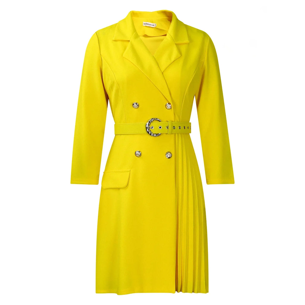 Customized Elegant Dresses for Woman 2025 Autumn Winter New Trends Notched Collar Full Sleeve Sashes Pleated Mid Calf Solid Fash