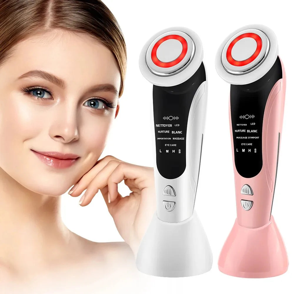 7 in 1 EMS Facial Massager Face Beauty Instrument with Induced Vibration and Hot Compress Face Skin Care Tool LED Light Therapy