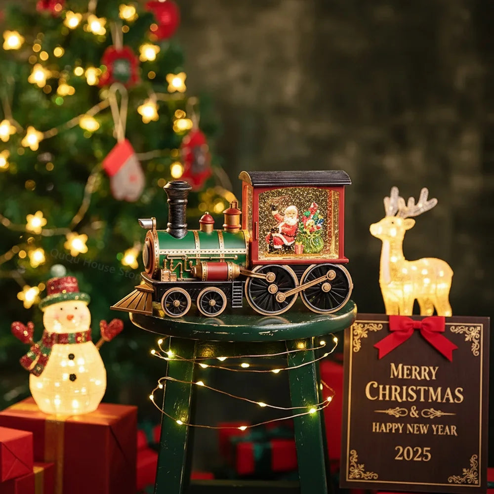 Christmas Train Crystal Ball Ornament, Lighting Santa Claus Snowman Decoration, 2025 New Year Desktop Xmas Tree Gift Retro Style
