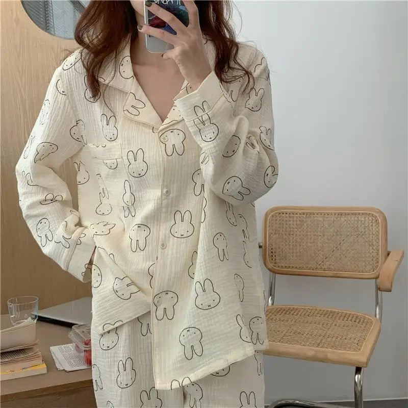 Kawaii MIffy Cotton Gauze Pajamas Long Sleeve Trousers Cardigan Home Suit Two Sets Christmas Gift